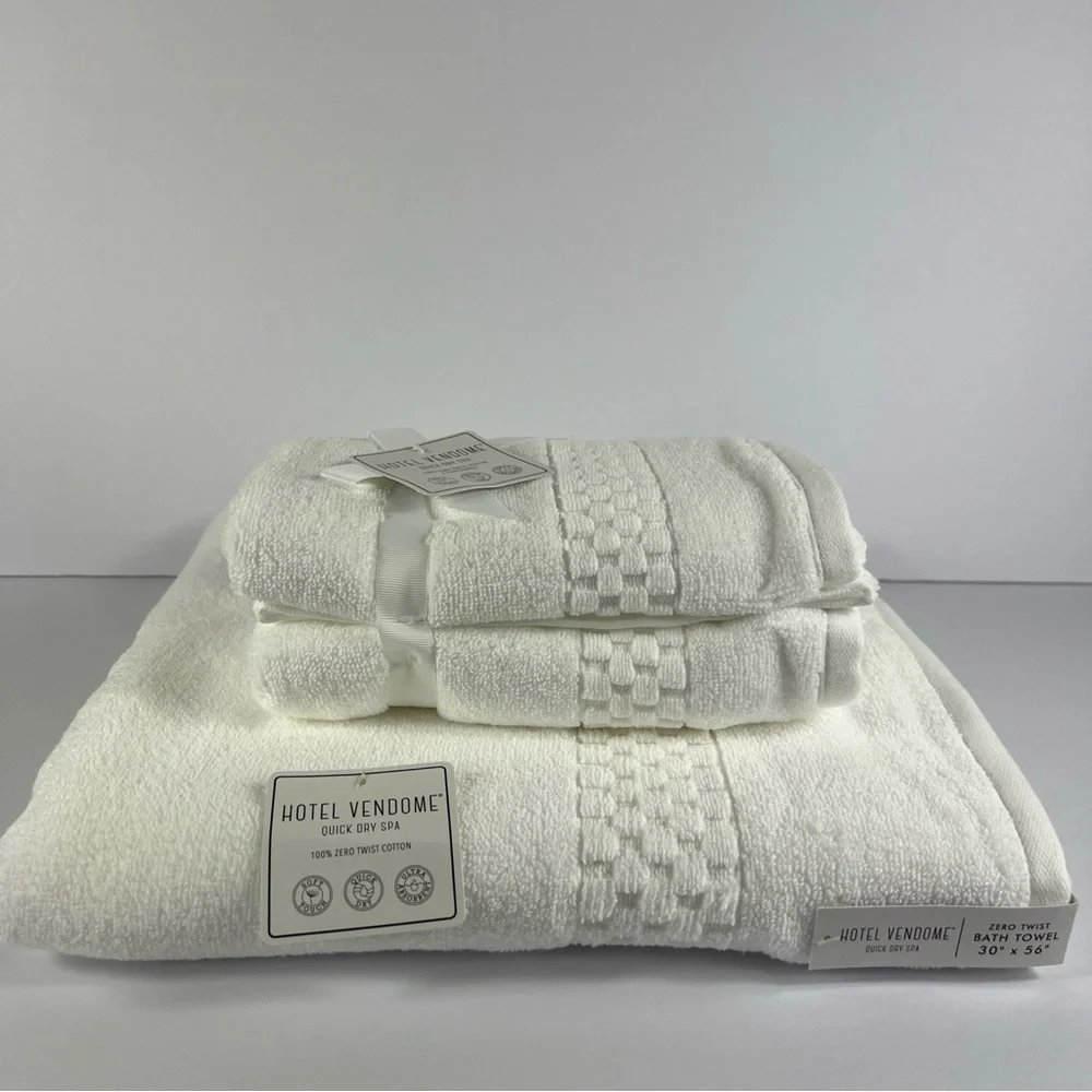 Hotel Vendome Bath Towel Set Luxury Cotton White 3 Pc Set Quick Dry Plush NEW